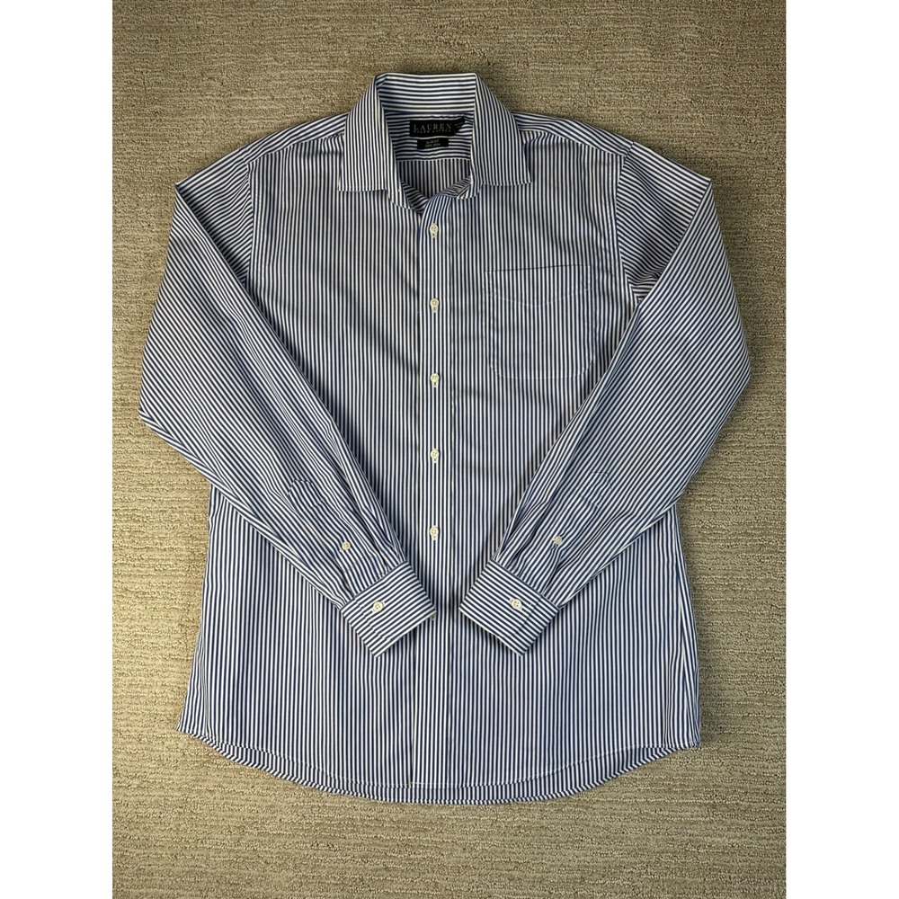 Lauren Ralph Lauren Mens Slim Fit Non Iron Striped Dress Shirt Blue White 16.5